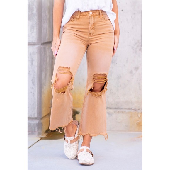 Vervet Denim - Vervet Distressed Flare Jeans Orange Peach Size 29 Ripped Raw Hem